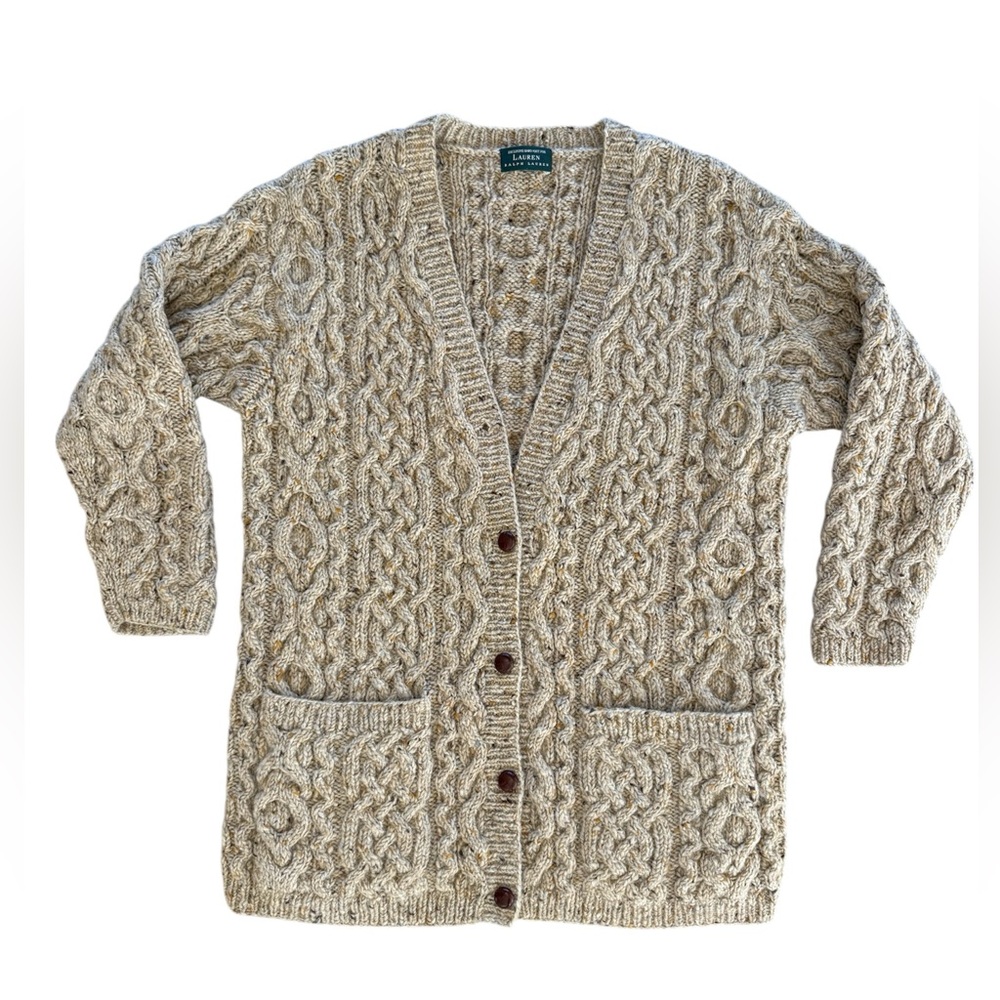 Lauren Ralph Lauren Neutral Beige Cable Knit Button-Front Cardigan